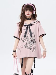 Elevate your Kawaii wardrobe with our pink sweet sailor collar T-shirt. This adorable and versatile piece features a charming sailor collar that adds a touch of Kawaii charm to your outfit. The detachable bow tie adds a playful and customizable element to the T-shirt, allowing you to create different looks with ease.  Please note that this product includes only the T-shirt.  Garment Size   	 		 			Size 			S 			M 		 		 			Full Length 			70 			72 		 		 			Bust 			116 			120 		 		 			Shoulders 			5 Kawaii Wardrobe, Black Techwear, Knitted Leg Warmers, Steampunk Fashion Male, Gothic Skirts, Collar T Shirt, Ruffle Mini Skirt, Sailor Collar, Collar Tshirt