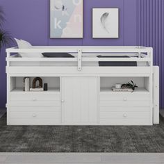 a white bunk bed with drawers underneath it and purple walls in the backround