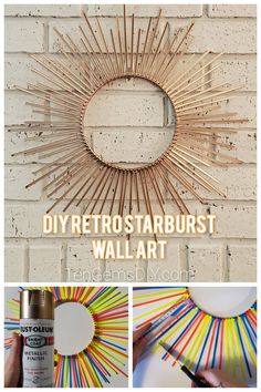 the diy retro starburst wall art is painted with rainbow colors and gold paint