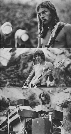 four different pictures of people playing instruments and singing in front of an audience, with one man