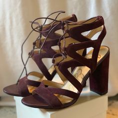 Burgundy Suede, Sam Edelman, Lace Up Front/Around Ankle, Heels. Unworn. Golden Tan, Asics Running Shoes, Ankle Heels, Pointed Heels, Lace Up Heels, Sam Edelman Shoes, Vintage Nike, Red Purple, Vintage Denim