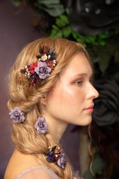 Small bridal hair comb and hairpins in purple tones The flower comb and hairpins are made of artificial/fabric and preserved flowers, leaves, grass and other trinkets used for arranging :) When stored in dry and dark place, our products last 10-15 years. We can also make you other matching accessories. Please message me for more information. :) Photo: Michaela durisova photography Model: Paťka/ Mix model management ---------------------------------------------------------------- SHIPPING INFO FO Violet Design, Flower In Hair, Mixed Models, Flower Comb, Purple Tones, Flower Hair Comb, Bridal Comb, Preserved Flowers, Flower Hair Pin