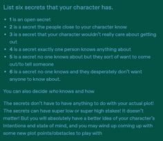 a green screen with the words list six secrets that your character has