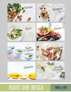 a series of photos showing different types of food on plates and in bowls, along with the words resources adobe indesign