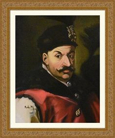 an oil painting of a man with a mustache in a red coat and black hat