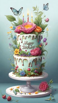 a birthday cake with flowers and butterflies on it