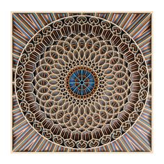 an intricately designed artwork piece with blue and brown stripes on the center, surrounded by circles