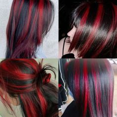 2000s Hairdye, Jet Black Hair With Red Highlights, Black And Red Striped Hair, Red And Black Skunk Hair, Black N Red Hair, Red Goth Hair, Red And Black Chunky Highlights, Red Alt Hair, Red Skunk Hair