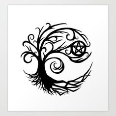 a black and white drawing of a tree with swirly branches