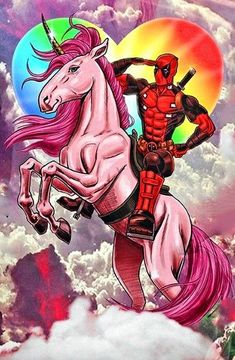 a drawing of deadpool riding a horse with a man on it's back