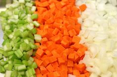 chopped carrots, celery and onions on a cutting board with text overlay