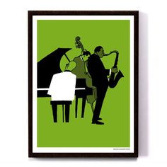 a green poster with a man playing the piano and a woman sitting at a piano