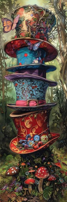 a painting of many colorful hats stacked on top of each other in front of trees