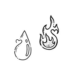 two fire and water symbols drawn in black ink on a white background, each with a different shape