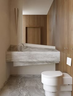 a white toilet sitting next to a bathroom sink under a mirror in a room with wood paneling