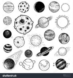 hand drawn solar system with all the planets in black and white, on a white background