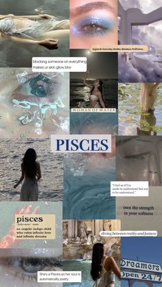 a collage of pictures with the words pisces written on them and images