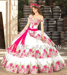 Look breathtaking in this beautiful charro quinceanera dress by Ragazza Fashion MV33-133. This beautiful long off the shoulder dress features a sweetheart bodice adorned with beaded embellishments, floral embroideries, open back, floor length A-line layered skirt with floral embroideries, sweep train, and a lace-up corset back. Designer: Morena y Esencial Collection by Ragazza 2022 Style Number: MV33-133 Colors: Ivory/Fuchsia Ragazza Fashion makes custom size dresses according to your bust, wais Long Off The Shoulder Dress, Vestido Charro, Xv Dresses, Mexican Quinceanera, Mexican Quinceanera Dresses, Charro Quinceanera Dresses, White Quinceanera Dresses, Quinceñera Dresses, Off Shoulder Evening Dress