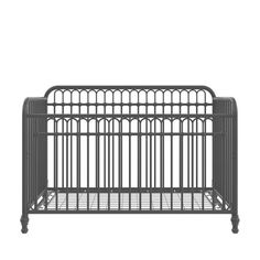 a black metal crib with wheels on white background