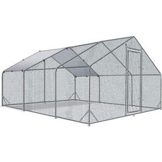 a large chicken coop with the door open and roof covered in mesh netting, on a white background