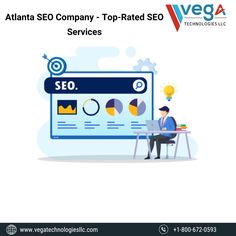 a man sitting at a desk in front of a large screen with the words atlanta seo company