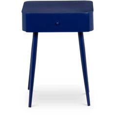 a small blue table with legs and a drawer on the top, in front of a white background