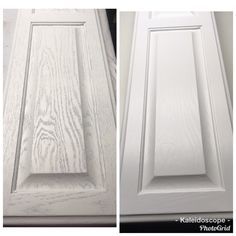 an image of white cabinet doors with wood grains on the bottom and side panels