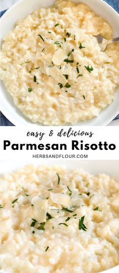 two pictures of mashed potatoes with parmesan in a white bowl