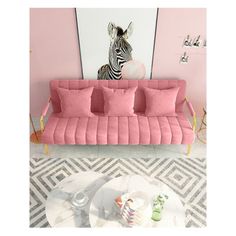 a living room with a pink couch and zebra painting on the wall