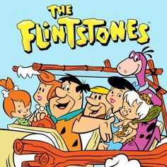 the flintstones poster with cartoon characters in an open car, on a blue background