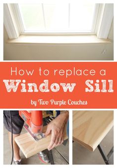 how to replace a window sill by two purple couches with text overlay that reads, how to replace a window sil by two purple couches