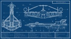 a blueprinted drawing of an airplane with parts labeled in the bottom right corner