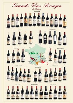 a framed wine poster with many different wines in bottles and numbers on the bottom half