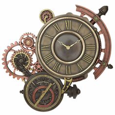 an antique clock with gears and mechanical parts on the face, isolated against a white background