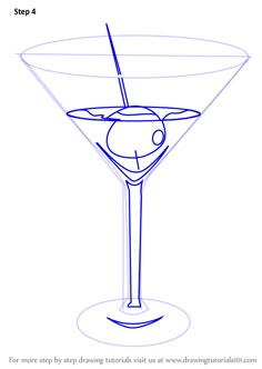 a drawing of a martini glass with an olive garnish on the rim and a straw in it