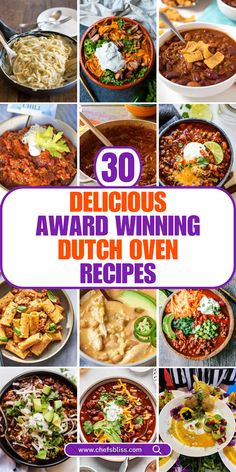 many different dishes with the words delicious award winning dutch oven recipes written in purple over them