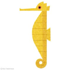 a yellow seahorse is standing upright on the white background, and it looks like he's looking at something in the distance