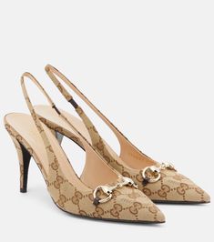 Horsebit GG Canvas slingback pumps in beige - Gucci | Mytheresa Gucci Shoes Women, Gucci Pumps, Gucci Heels, Gucci Horsebit, Pink Pumps, Slingback Shoes, Beige Shoes, Slingback Pump, Gucci Shoes