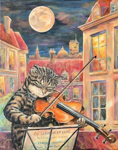 a painting of a cat playing the violin