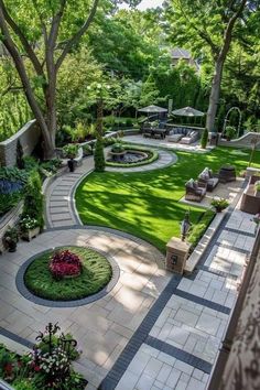 an outdoor patio with landscaping and seating area