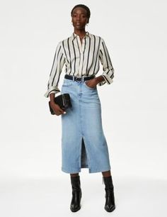 Womens M&S Collection Denim Midi Skirt - Light Indigo Midi Rok Outfit, Midi Rock Outfit, Midi Skirt Outfit, Denim Trends, Black Chelsea Boots, Slip Skirt, Denim Midi Skirt, Leather Trousers, Jeans Rock