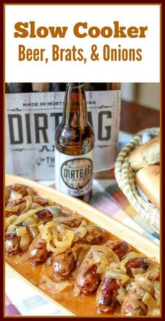 slow cooker beer brats and onions on a table with other items in the background