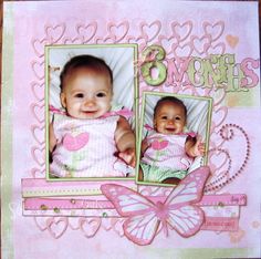 6 months Scrapbook Layout 8 Photos, Baby Girl Scrapbook Page Ideas, Scrapbook Layouts Baby Girl, Scrapbook Bebe, Paper Bag Scrapbook, Baby Scrapbook Album, Baby Scrapbook Pages