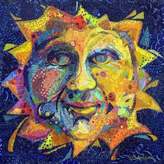 a painting of a sun with many different colors and shapes on it's face