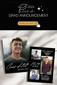 the graduation announcement card is shown with an image of a young man in black and white