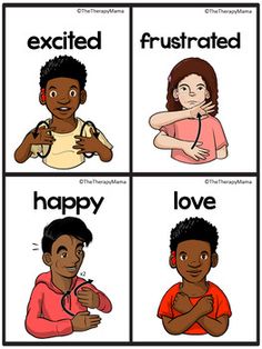 four different types of people with the words excited, frustrated, happy, and love