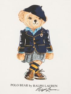 a drawing of a teddy bear wearing a blue jacket and skirt with striped socks on