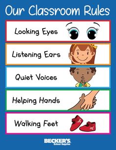 the four classroom rules for children to use in their writing and listening skills, including hand gestures