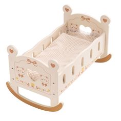 a wooden baby crib with animals and hearts on the sides, in white background