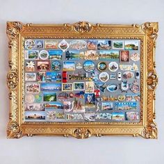 a gold frame with many pictures on it